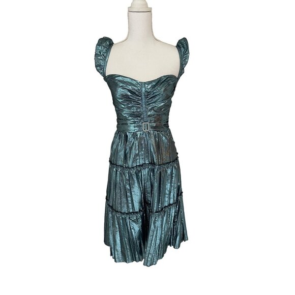 Burberry New Fit & Flare Blue Metallic Pleated Dress Size Italy 40 / US 6 Made i